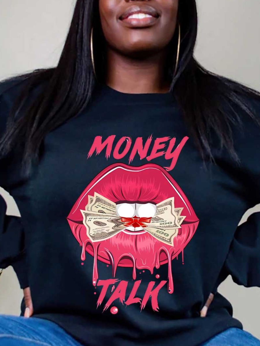 LW Plus Size Lip Money Letter Print Sweatshirt