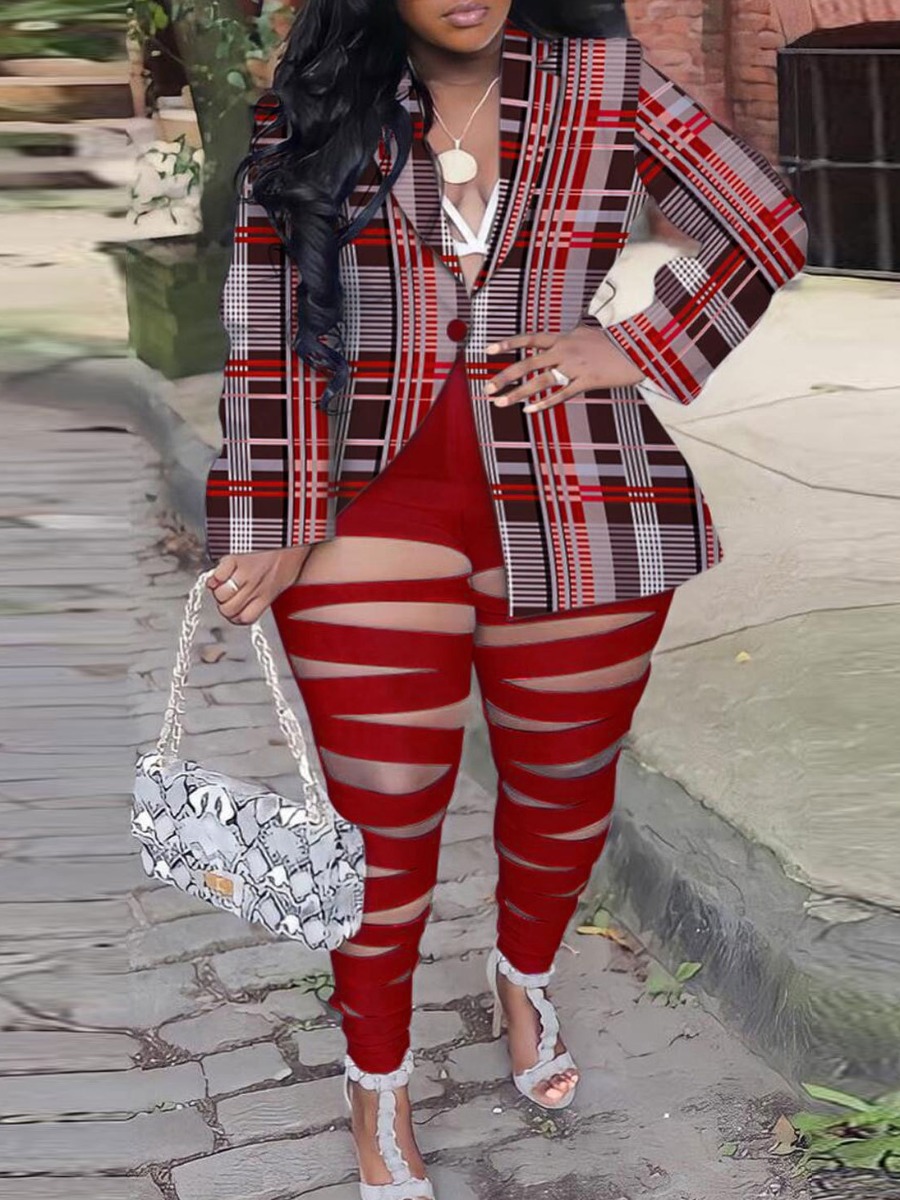 LW Plus Size Plaid Print Ripped Button Design Blaz