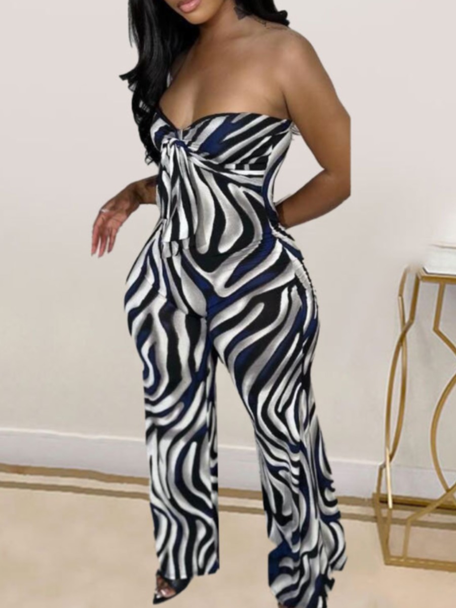 LovelyWholesale Off The Shoulder Zebra Striped Bandage Design Jumpsuit Spring|Summer Sleeveless Casual Bandage Design Strapless Spring Summer 2024