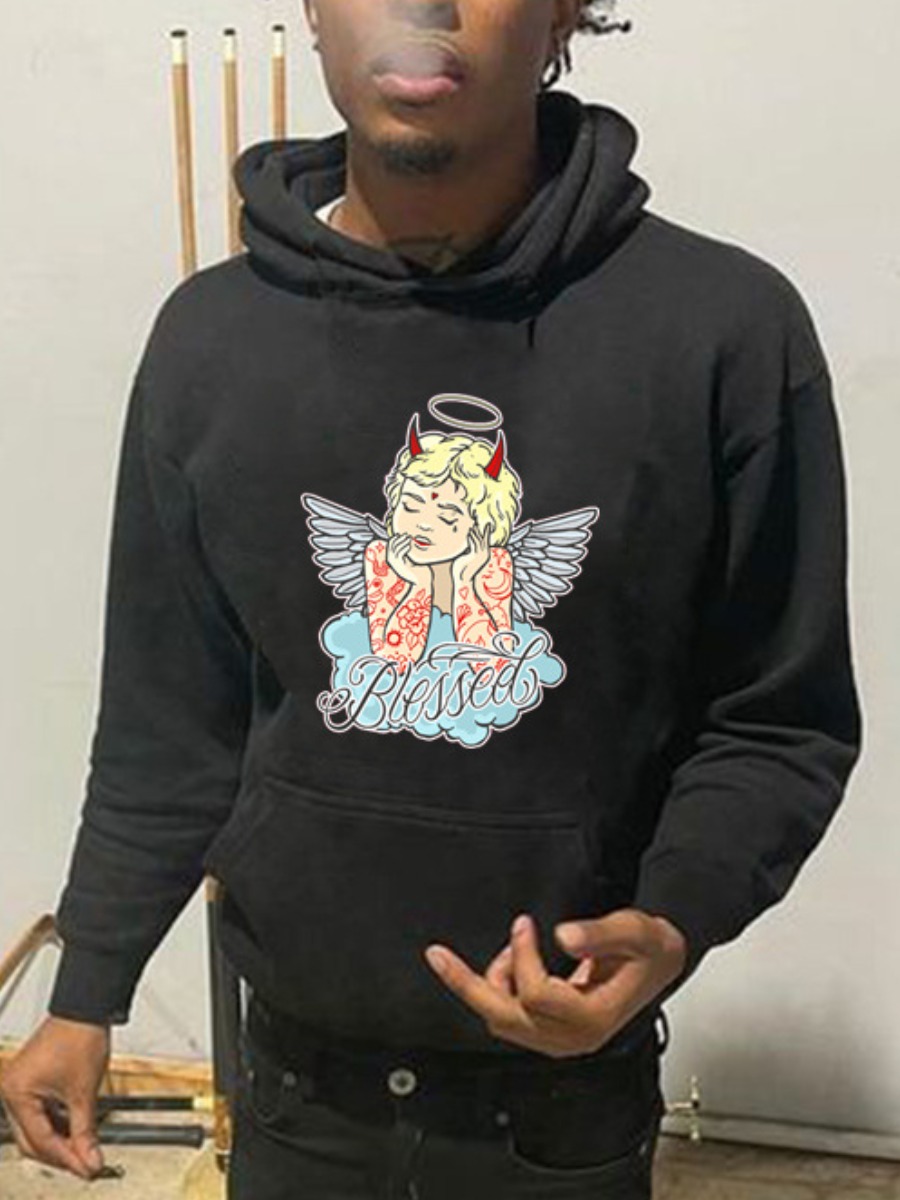 LW Men Figure Letter Print Kangaroo Pocket Hoodie