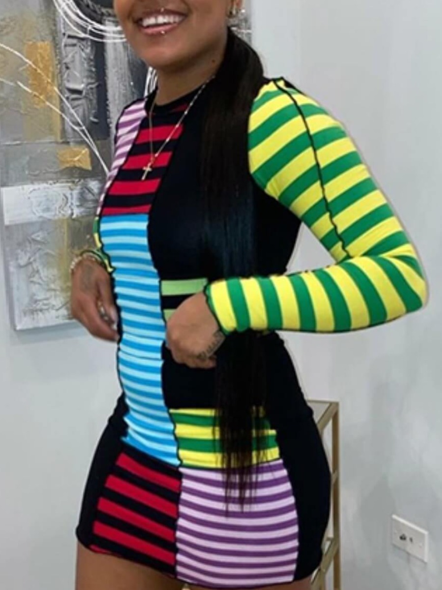 LovelyWholesale Striped Patchwork Bodycon Dress Fall Long Sleeve Casual Patchwork Round Neck Spring Summer 2024