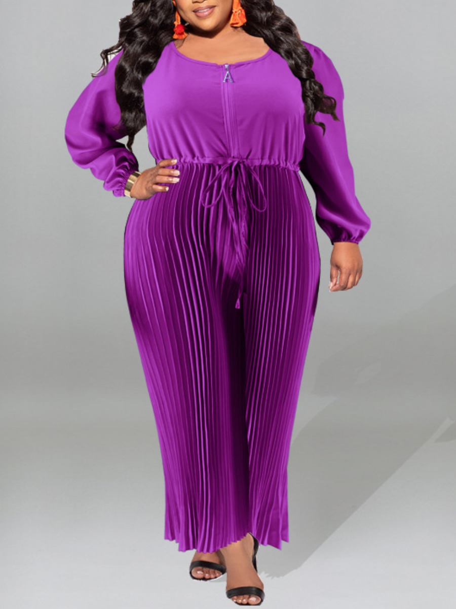 LW Plus Size Drawstring Zipper Design Pleated Jumpsuit