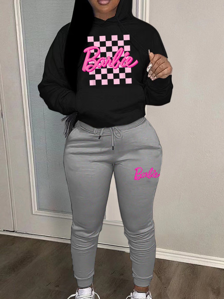 LW Plus Size Plaid Letter Print Kangaroo Pocket Tracksuit Set
