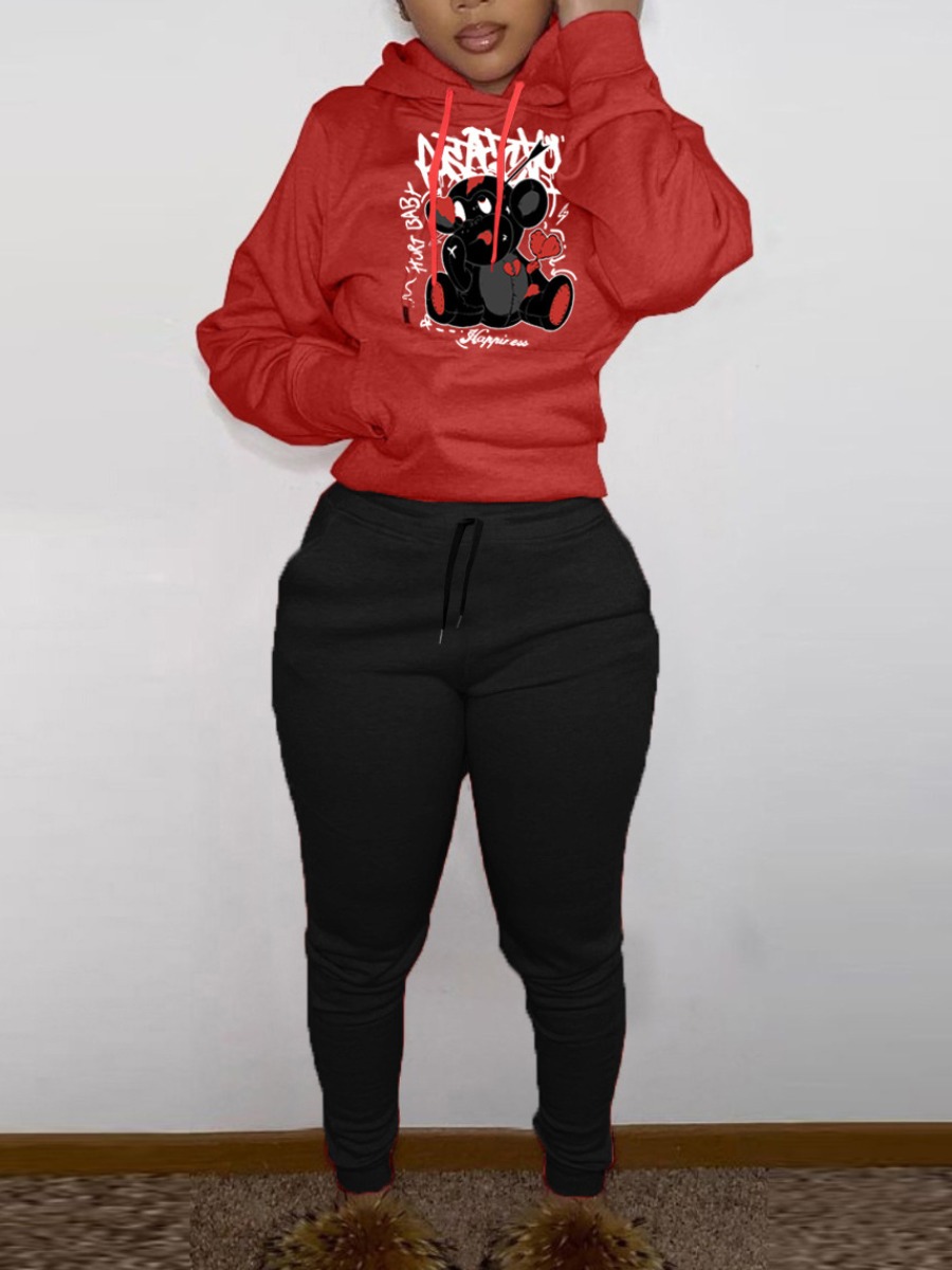 LW Cartoon Letter Print Kangaroo Pocket Tracksuit 
