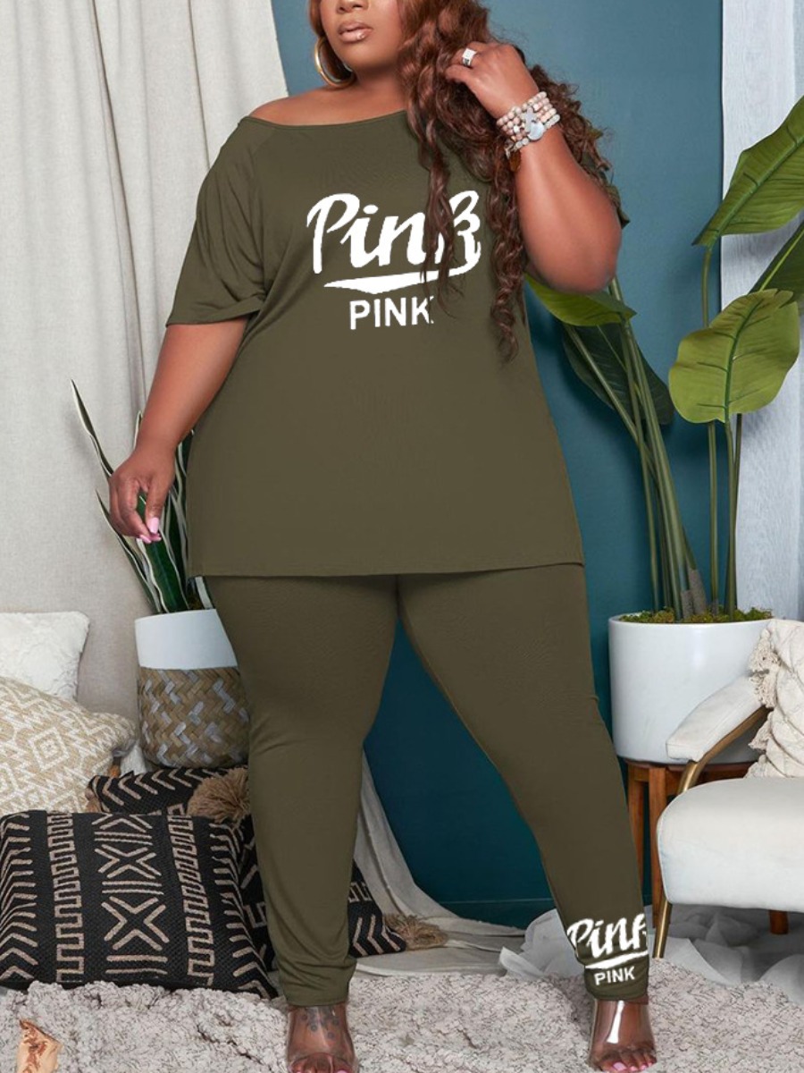 LW Plus Size Pink Letter Print Pants Set