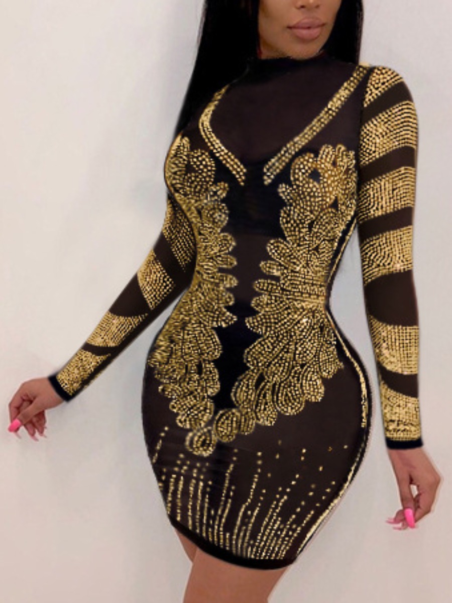 LW SXY Plus Size See Through Rhinestone Decor Bodycon Dress