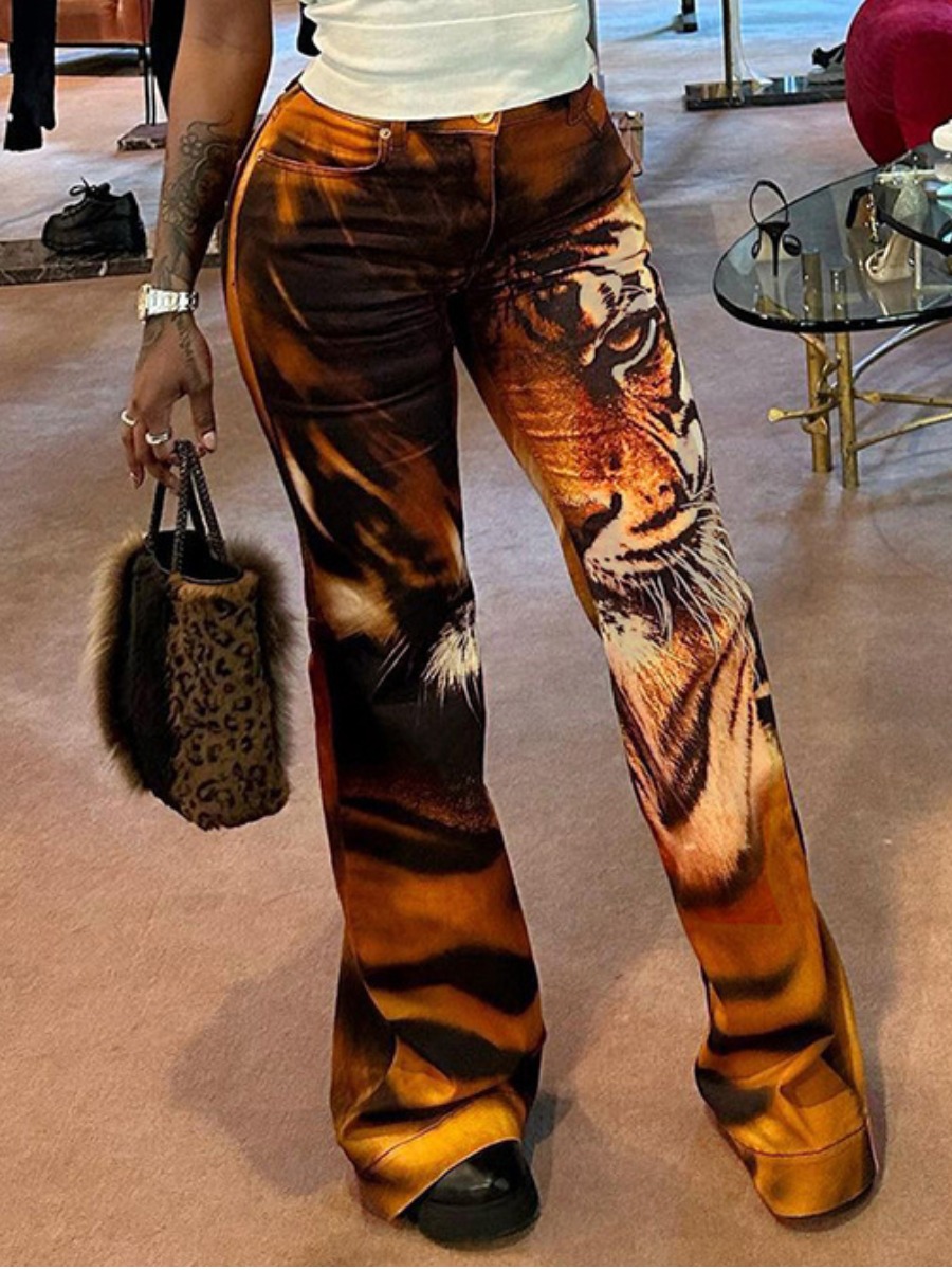 LW Mid Waist Tiger Print Flared Pants