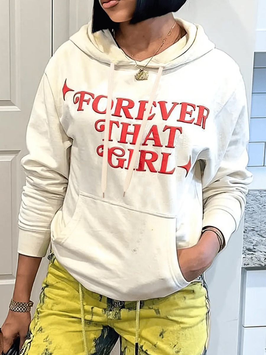 LovelyWholesale Letter Print Kangaroo Pocket Hoodie Fall Long Sleeve Street Drawstring V Neck Spring Summer 2024