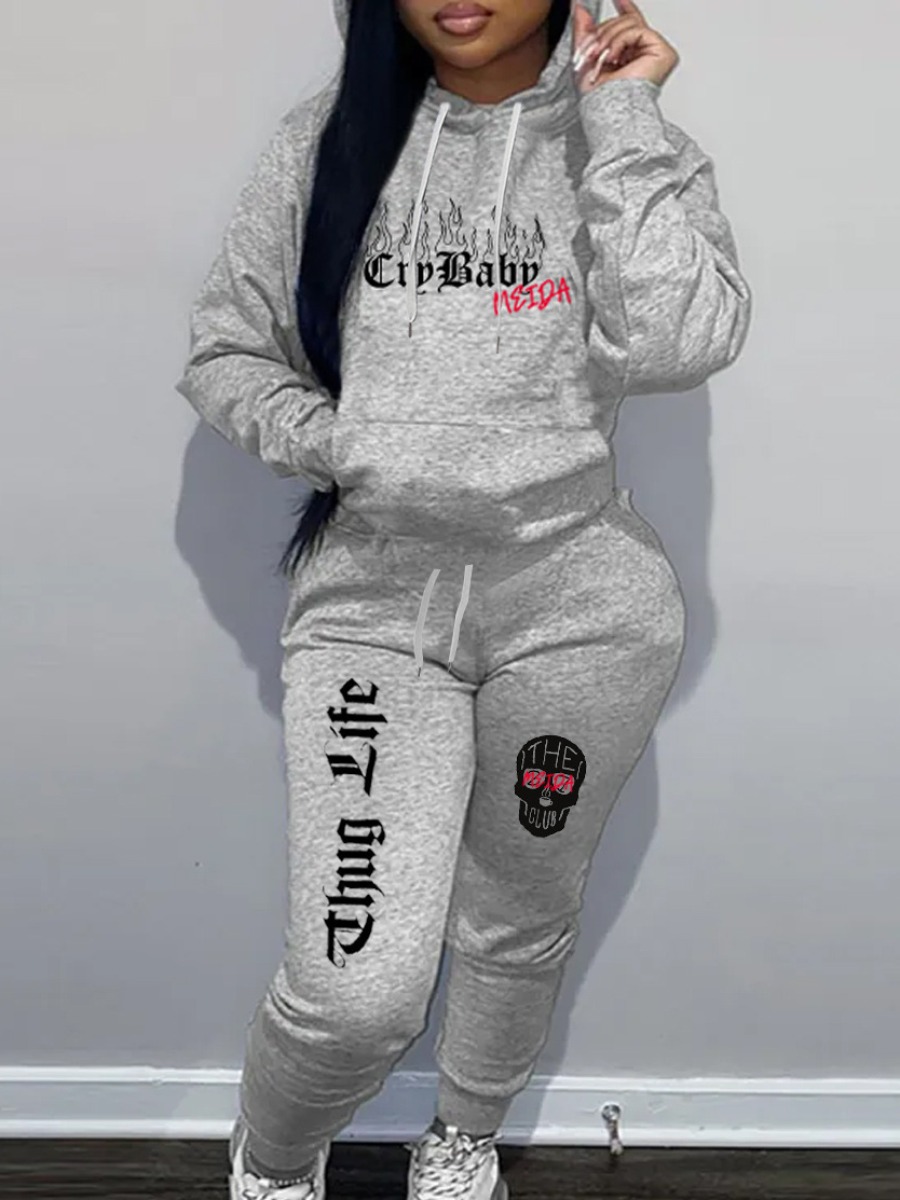 LW Letter Print Kangaroo Pocket Tracksuit Set