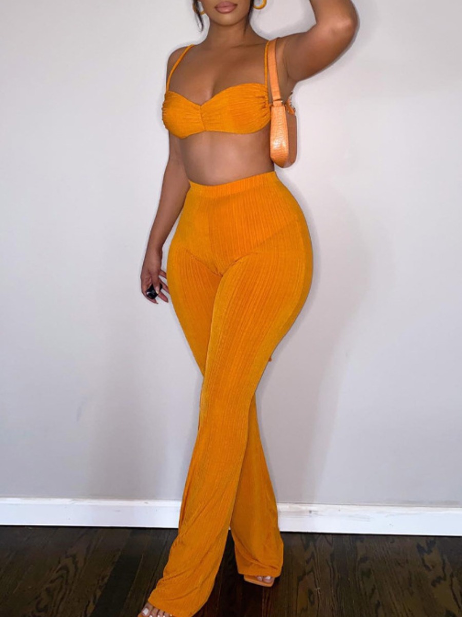 LW Bra Shirred Flared High Waist Pants Set