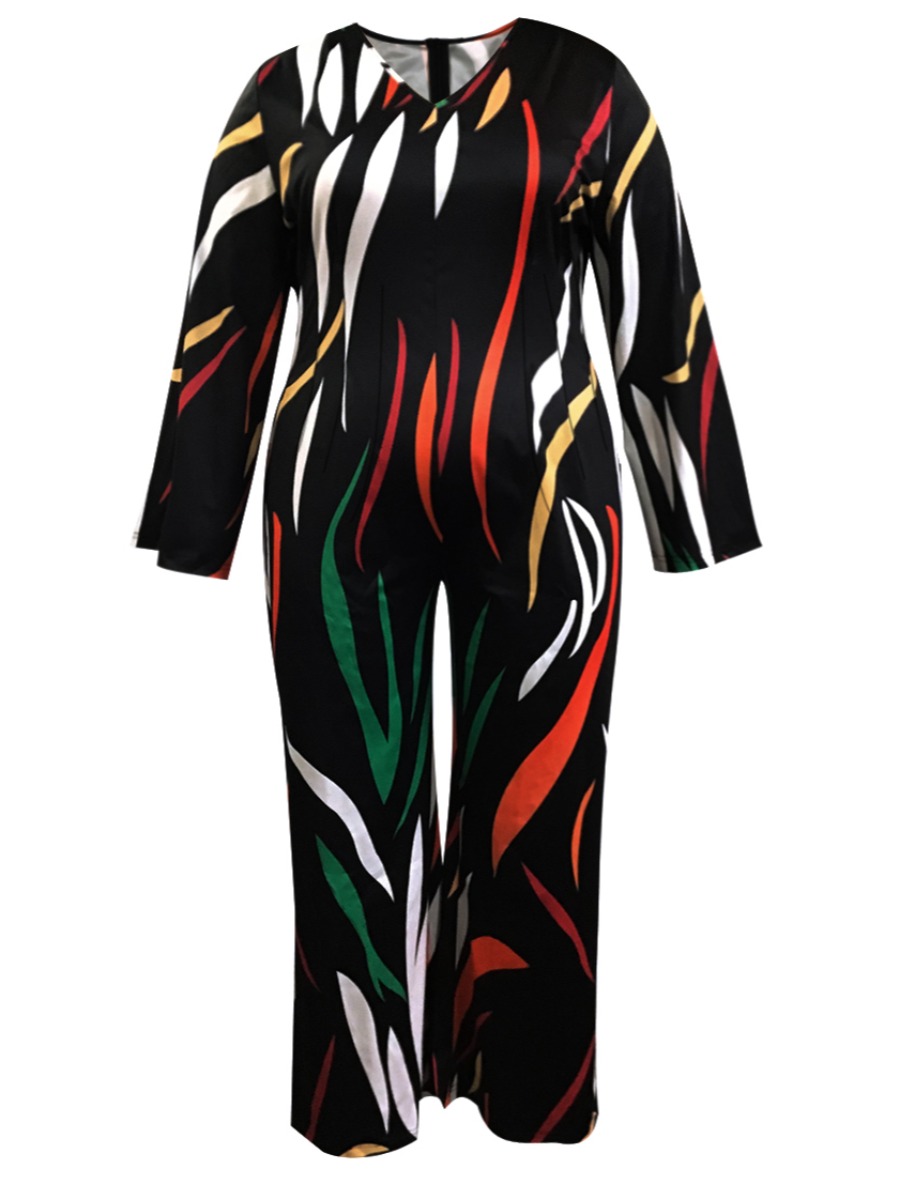 LW BASICS Plus Size V Neck Mixed Print Wide Leg Jumpsuit 5X