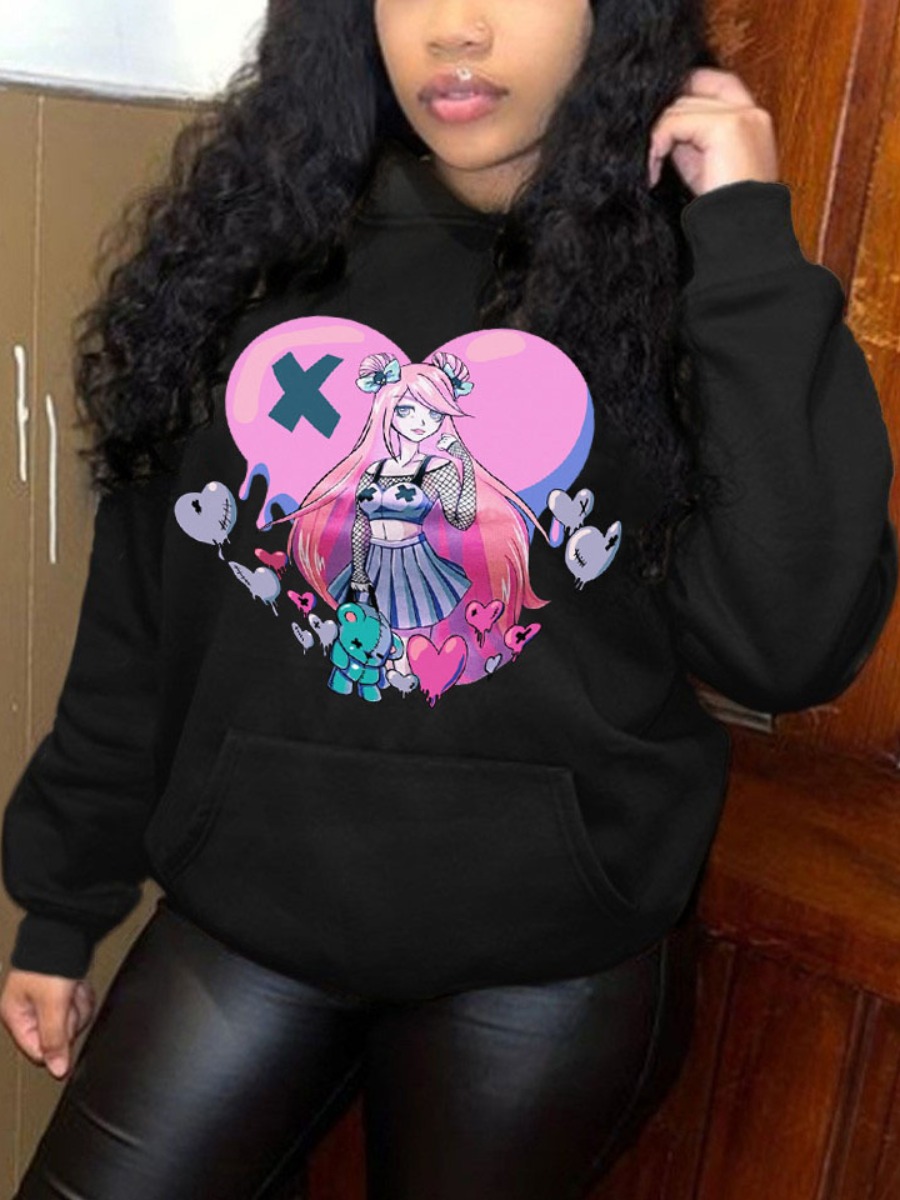 LW Heart Cartoon Print Kangaroo Pocket Hoodie
