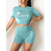 LW Crop Top Crown Queen Letter Print Shorts Set