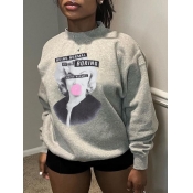 LW Pattern Figure Print Letter Loose Sweatshirt