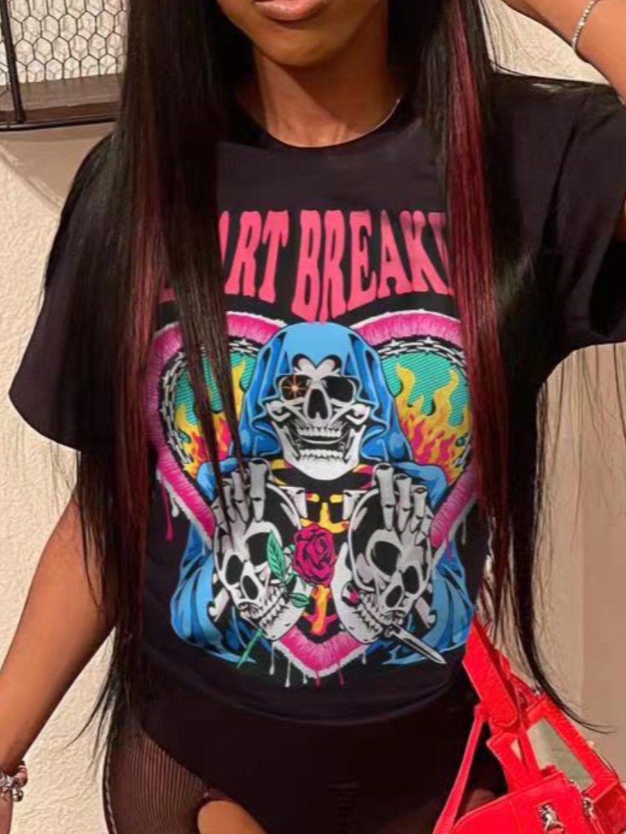 LovelyWholesale COTTON Skull Head Heart Letter Print T-shirt Summer Short Sleeve Casual Pattern Round Neck Spring Summer 2024