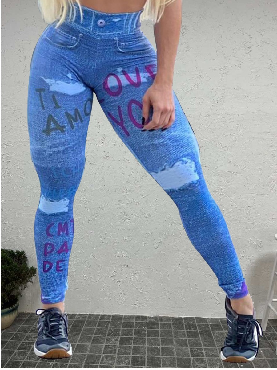 LW High Waist Letter Print Ripped Skinny Pants