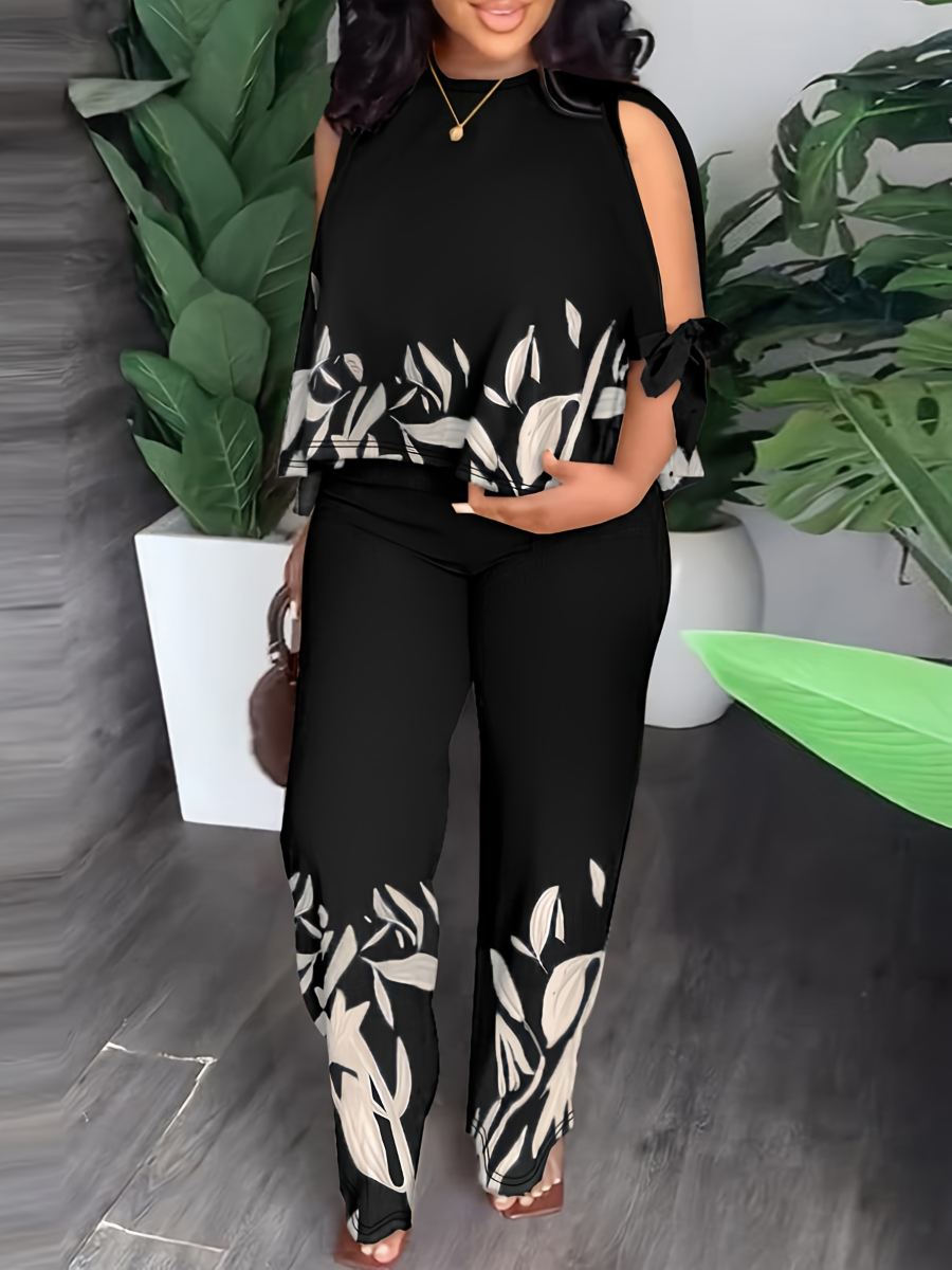 LW BASICS Plus Size Split Sleeve Bandage Design Floral Print Pants Set