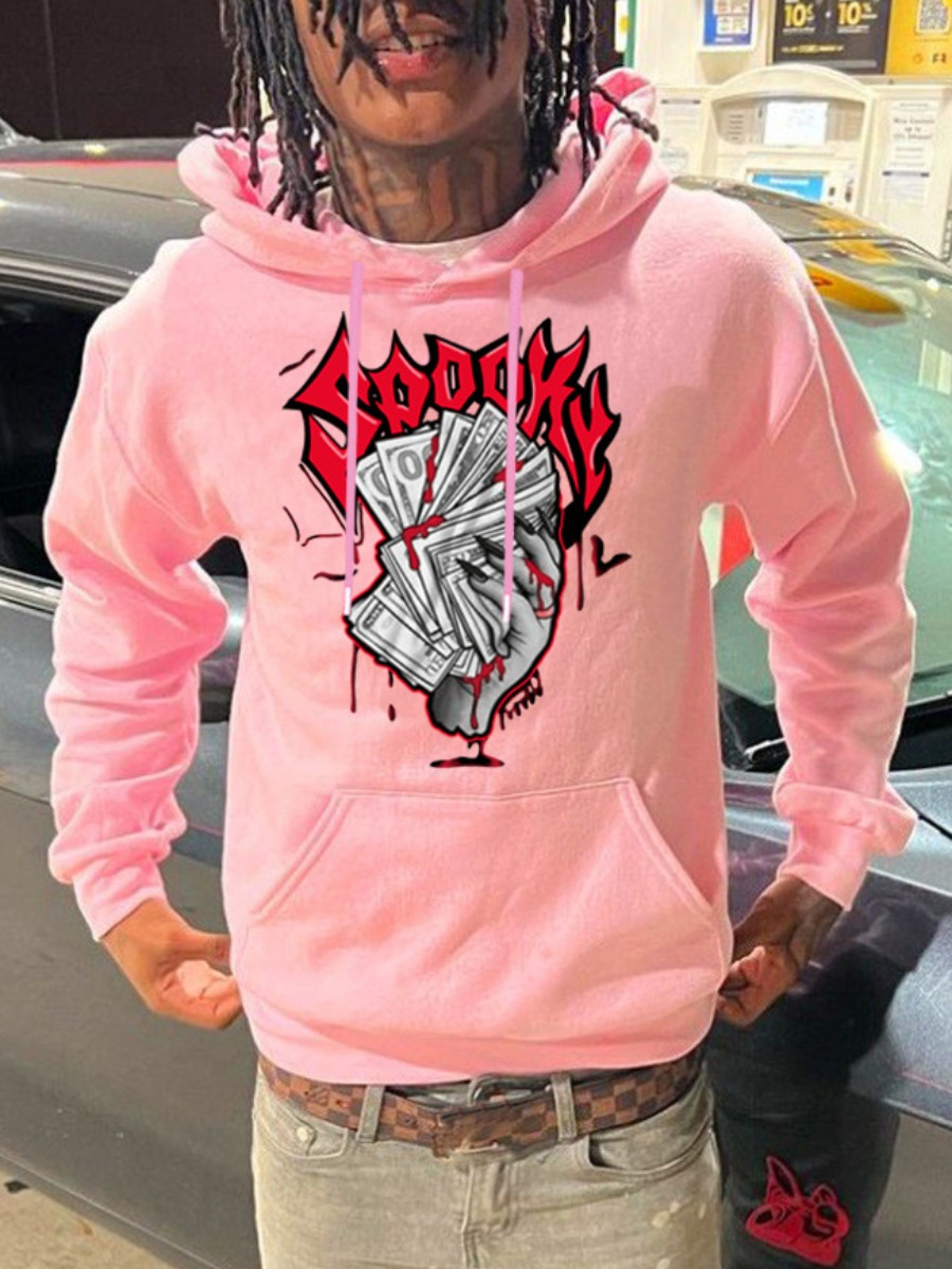 LW Men Money Letter Print Kangaroo Pocket Hoodie
