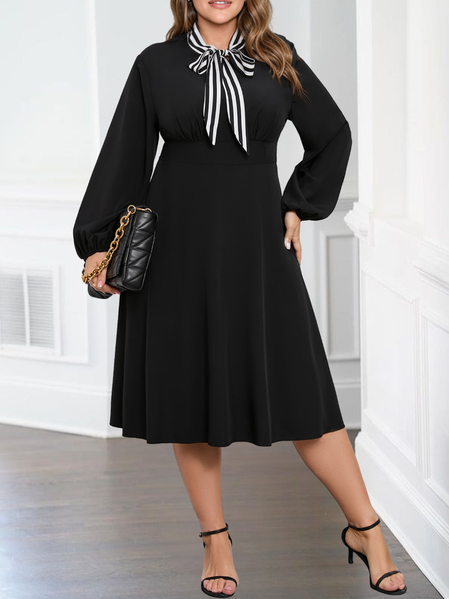 LW Plus Size Tie Neck Striped A Line Dress