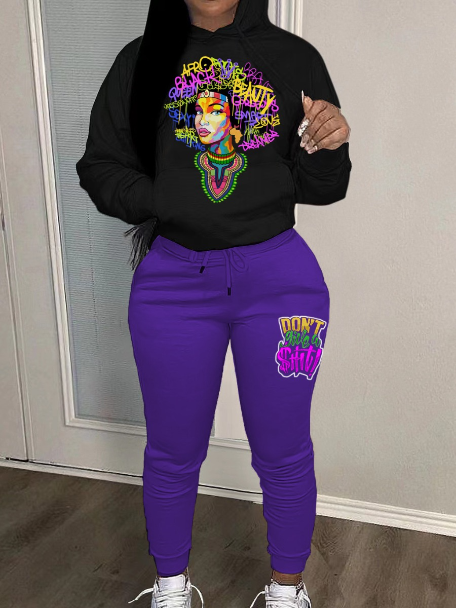 LW Plus Size Figure Letter Print Kangaroo Pocket Tracksuit Set