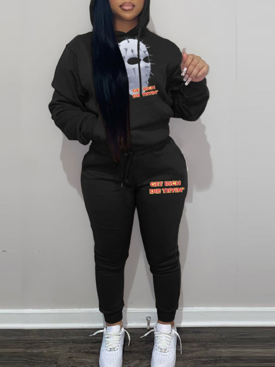 LW Plus Size Halloween Clown Letter Print Kangaroo Pocket Tracksuit Set