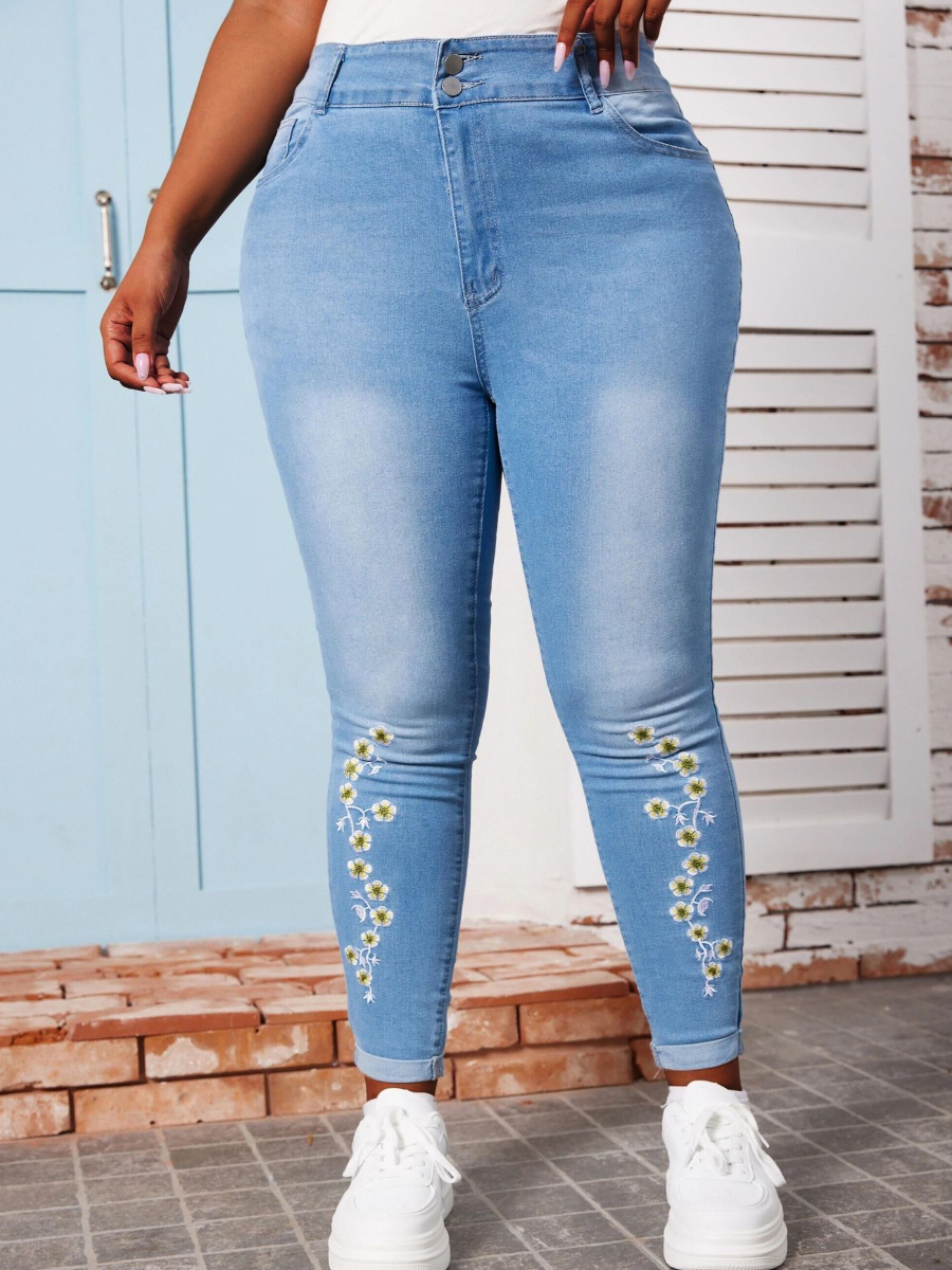 LW Plus Size High Waist Floral Decor Skinny Jeans