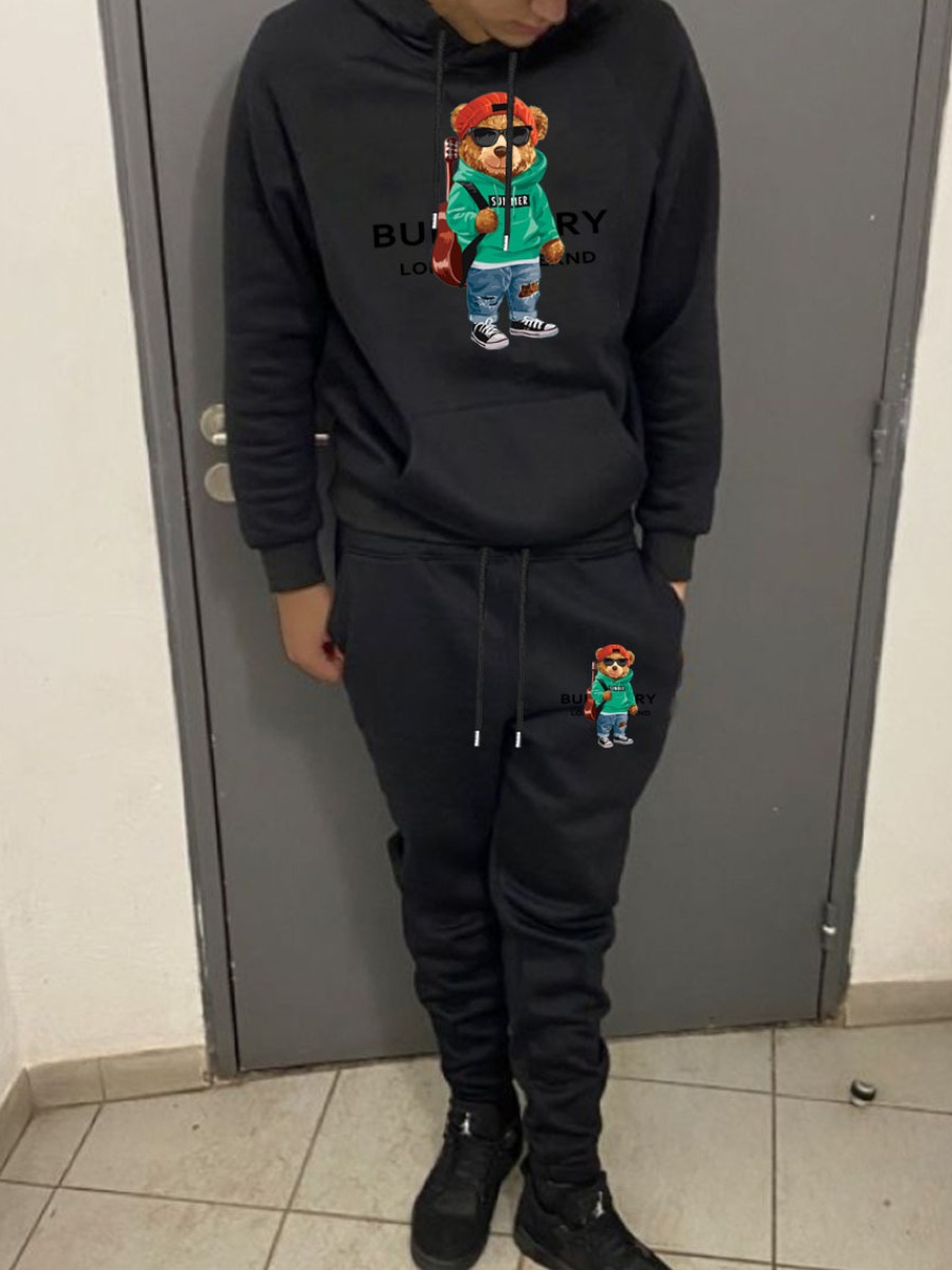 LW Men Cartoon Print Kangaroo Pocket Tracksuit Set