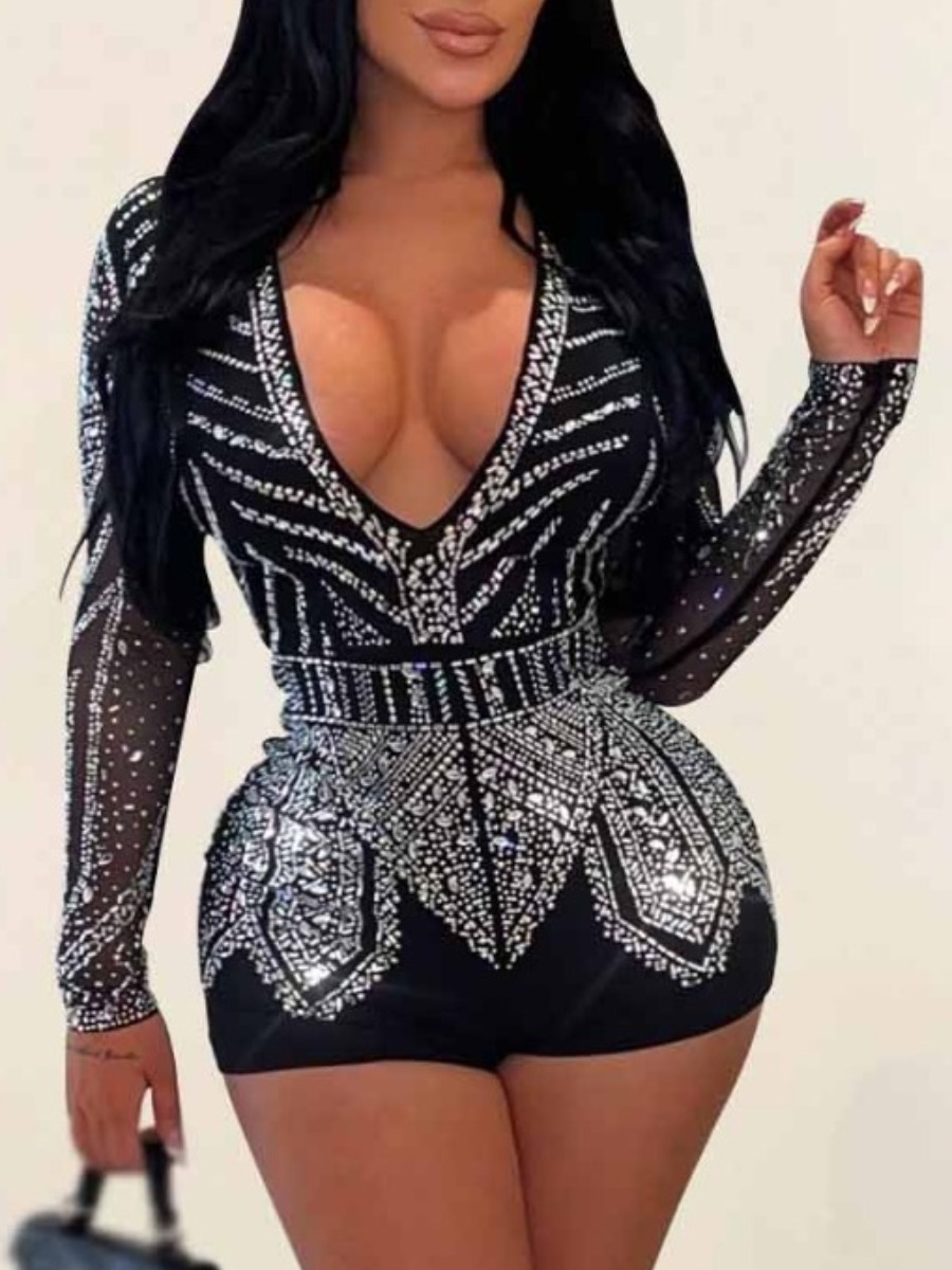 LovelyWholesale Deep V Neck Rhinestone See Through Romper Spring Long Sleeve Elegant Hot Drilling Deep V Neck Spring Summer 2024