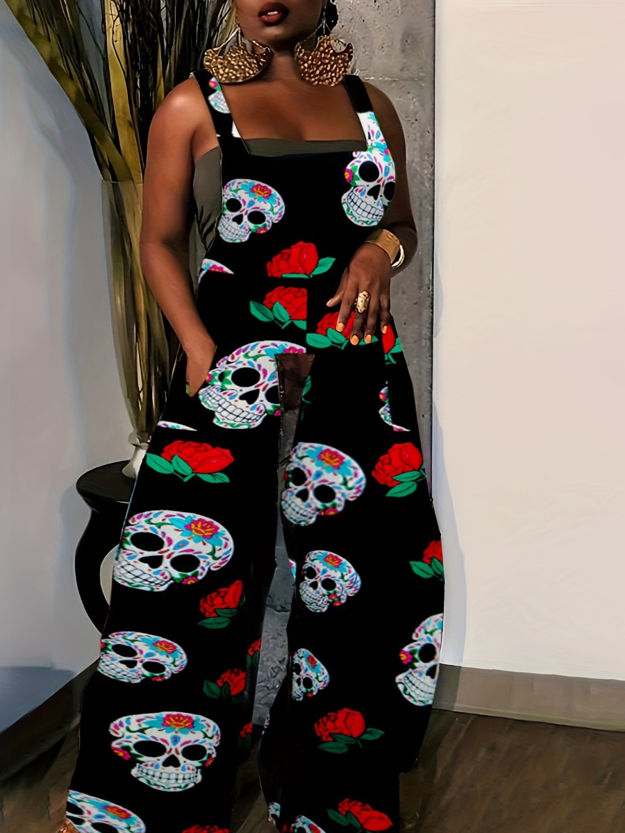 LW Skull Head Rose Flower Print Overall Jumpsuit