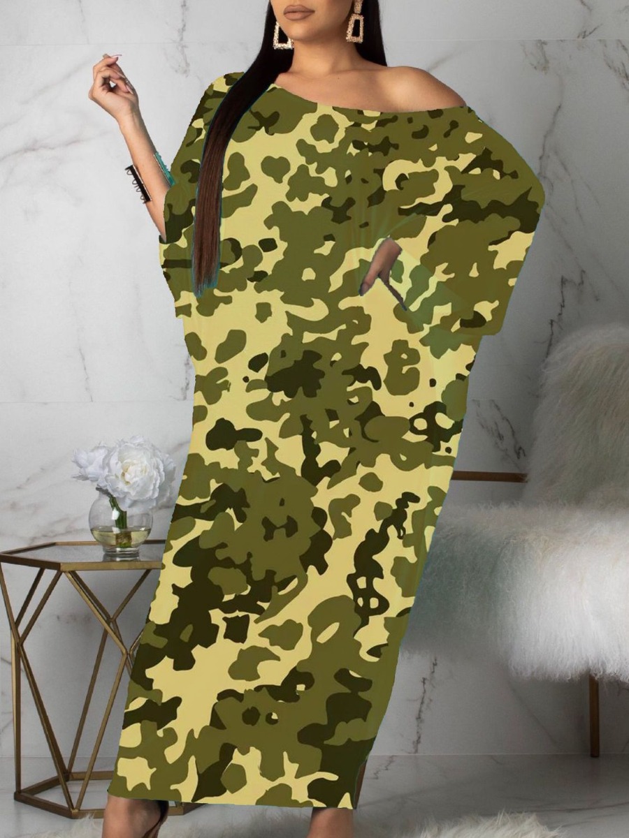 LW Plus Size Inclined Neck Camo Print Loose Dress