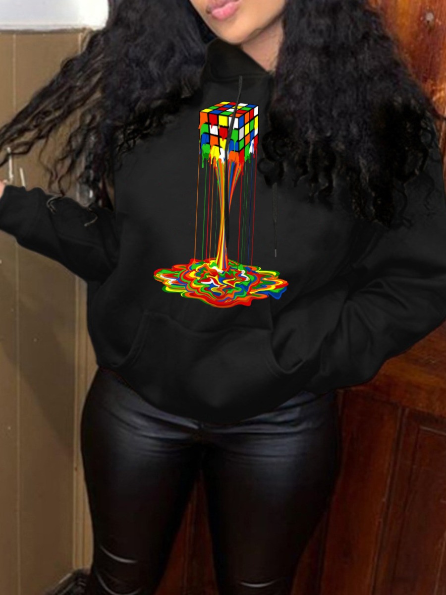 LW Plus Size Rubik s Cube Print Kangaroo Pocket Hoodie