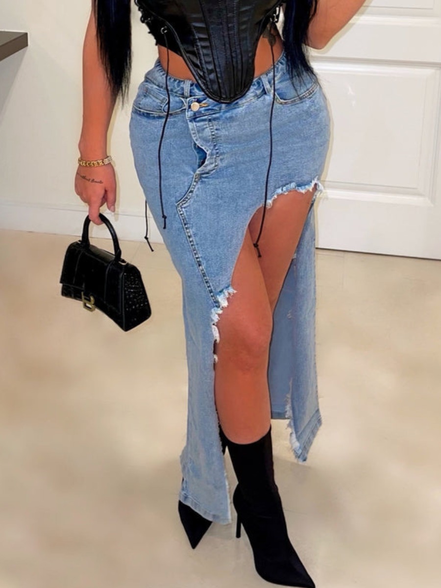 LW High Waist Asymmetrical Raw Edge Denim Skirt