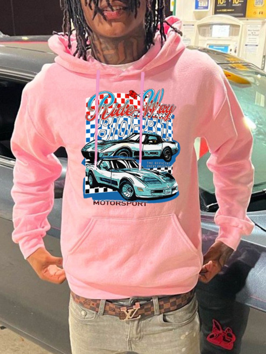LovelyWholesale Men Racing Car Plaid Letter Print Kangaroo Pocket Hoodie Fall Long Sleeve Casual Hooded Collar Spring Summer 2024