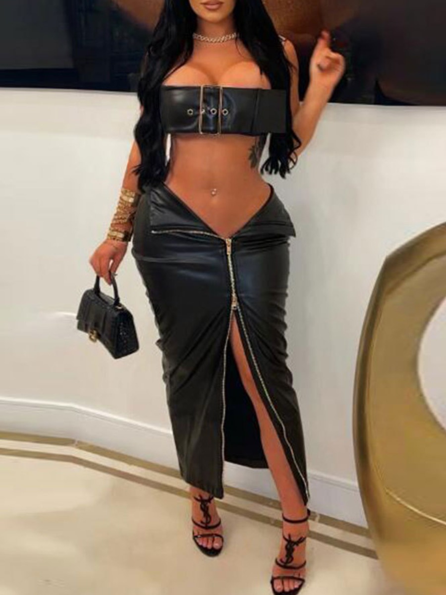 LovelyWholesale SXY Faux Leather Zipper Belt Design Skirt Set Summer Sleeveless Sxy Strapless Spring Summer 2024