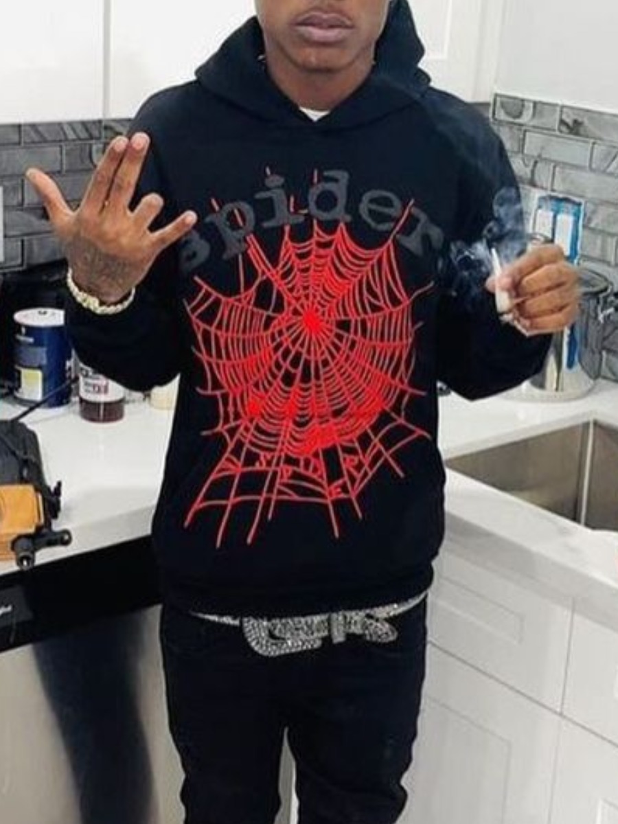 LW Men Spider Web Letter Print Kangaroo Pocket Hoo