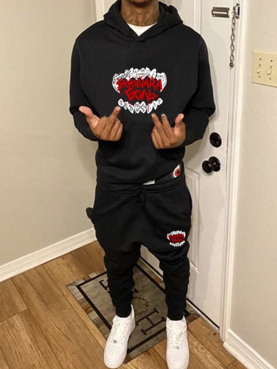 LW Men Letter Print Kangaroo Pocket Tracksuit Set