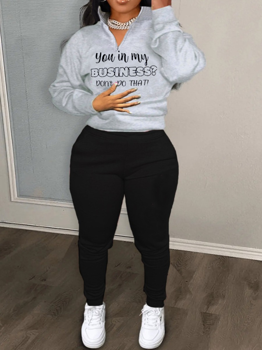 LW Plus Size Letter Print Zipper Design Pants Set