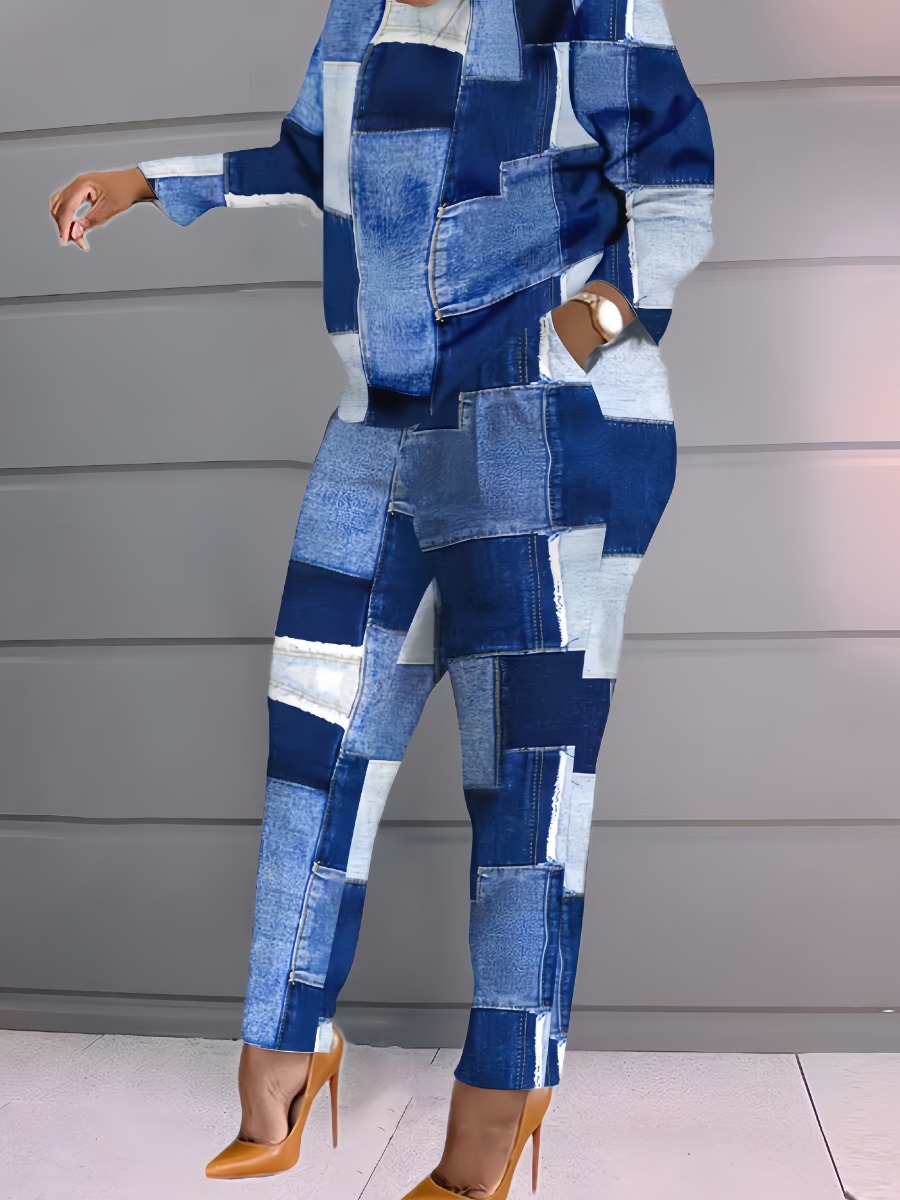 LW Plus Size Imitation Denim Patchwork Pocket Design Pants Set