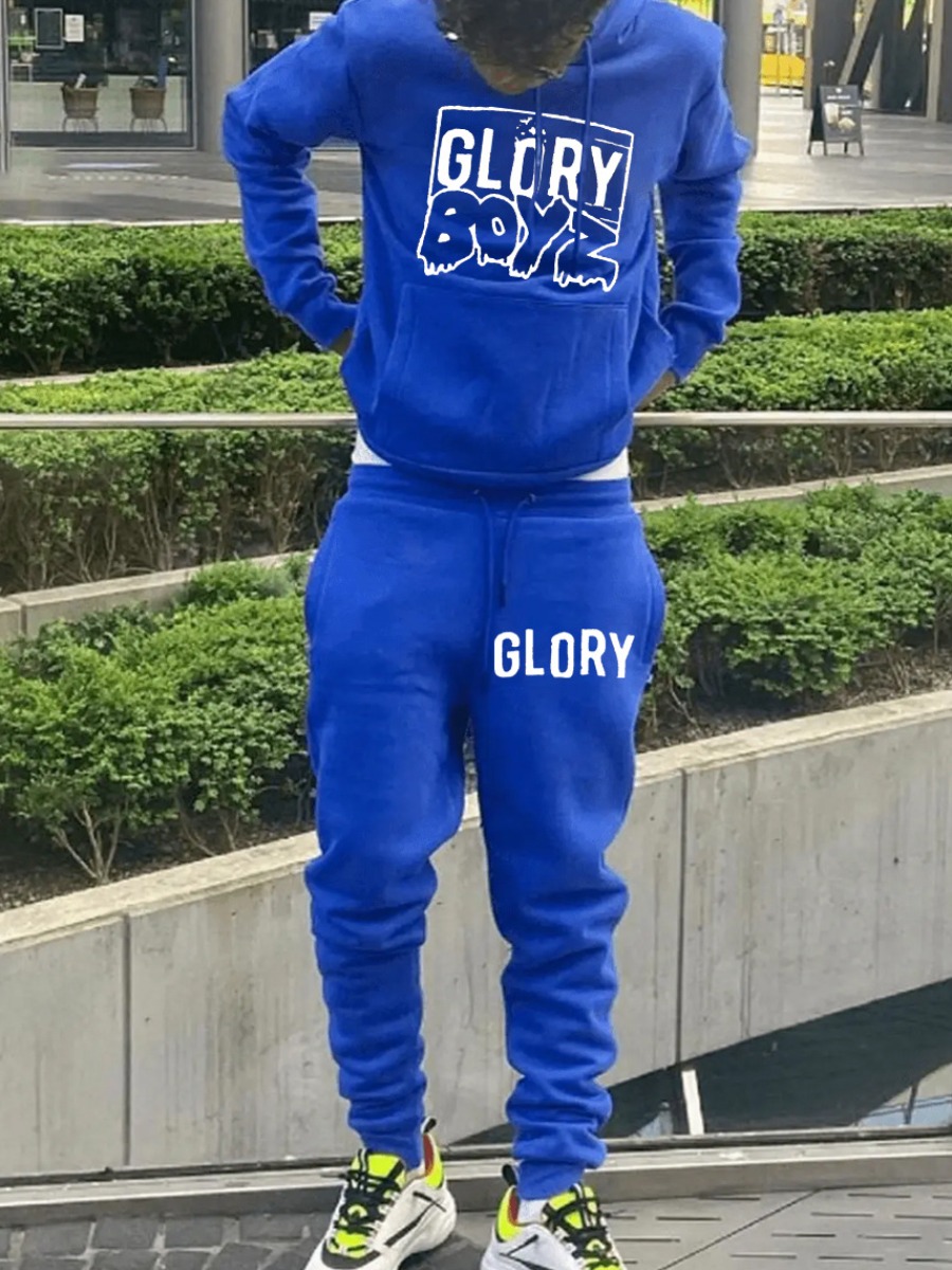 LW Men Letter Print Kangaroo Pocket Tracksuit Set
