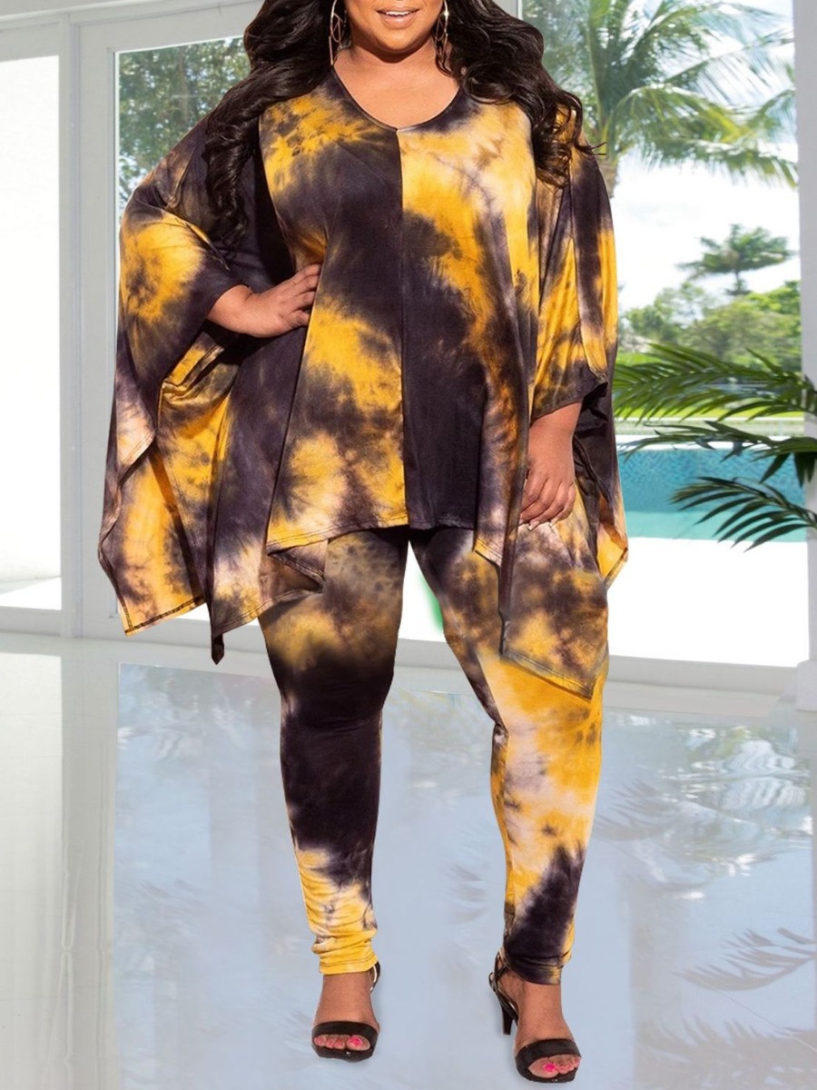 LovelyWholesale Plus Size Batwing Sleeve Tie Dye Pants Set Spring Nine Points Sleeve Casual Pattern Round Neck  5X Spring Summer 2024