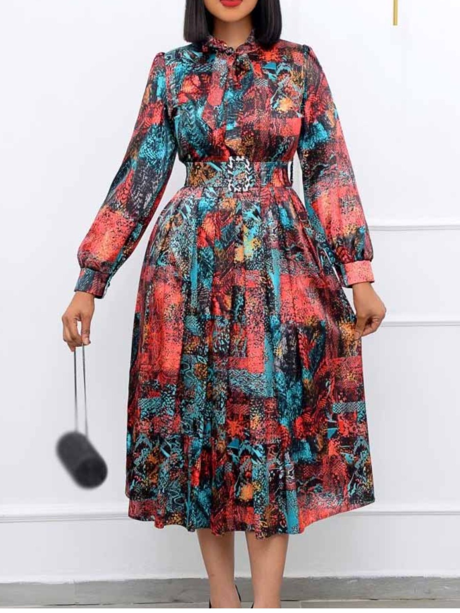LovelyWholesale Plus Size Tie Neck Mixd Print Belt Design A Line Dress Fall Long Sleeve Elegant Round Neck  3X Spring Summer 2024