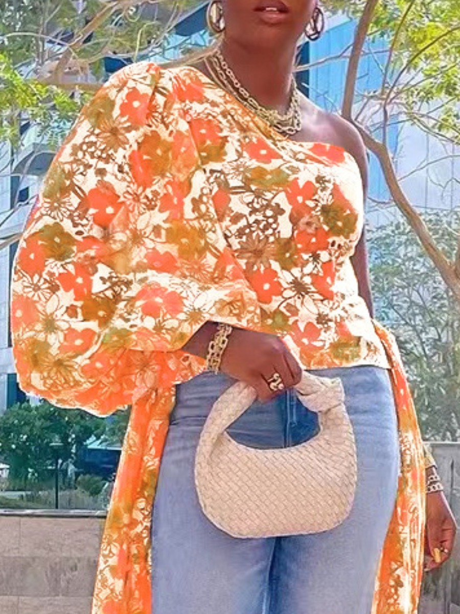 LW Plus Size One Shoulder Floral Print Asymmetrica