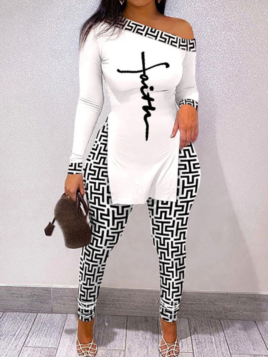 LW Plus Size Geometric Faith Letter Print Split Pa