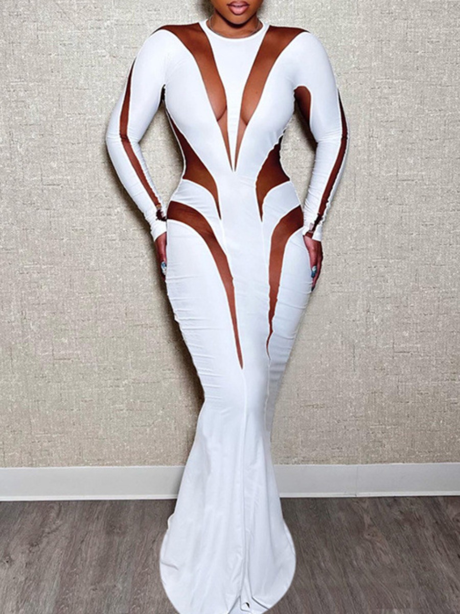 LovelyWholesale SXY See Through Bodycon Mermaid Dress Fall Long Sleeve Sxy See Through Round Neck Spring Summer 2024