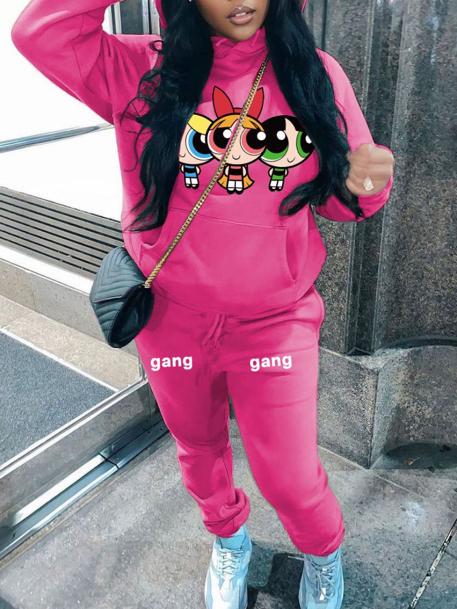 LW Plus Size Cartoon Letter Print Kangaroo Pocket Tracksuit Set