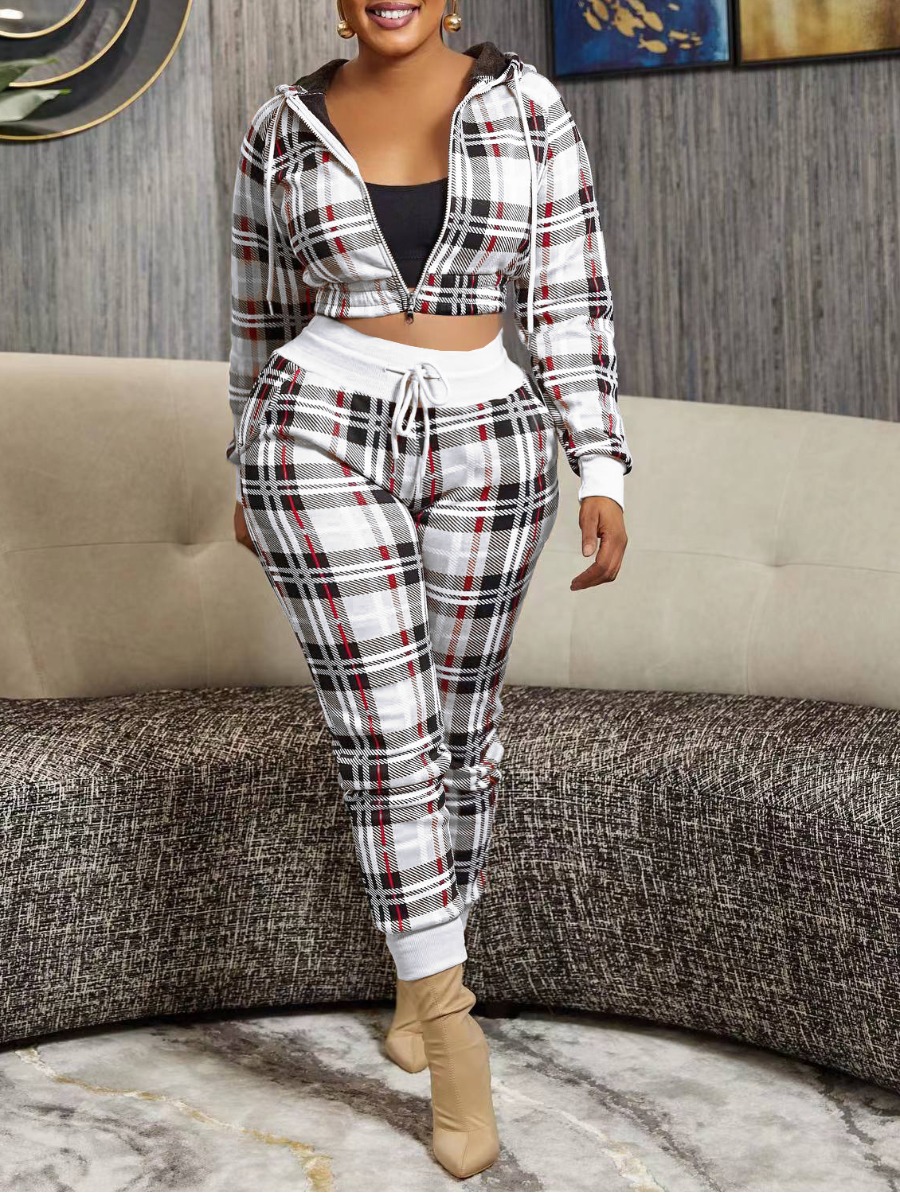LW Plus Size Crop Top Plaid Print Drawstring Pants Set