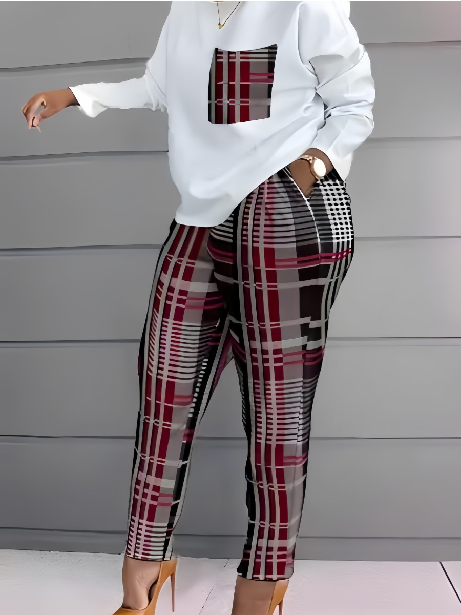 LW Plus Size Plaid Print Pocket Design Pants Set
