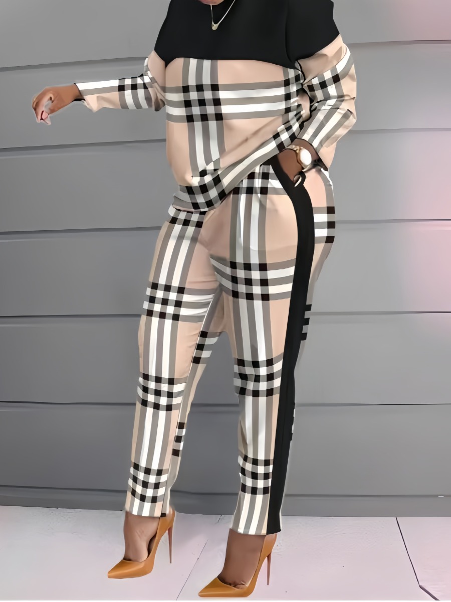 LW Plus Size Plaid Print Pocket Design Pants Set