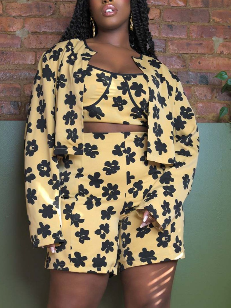 LW Plus Size Pattern Print Floral Skinny Two-piece Shorts Set