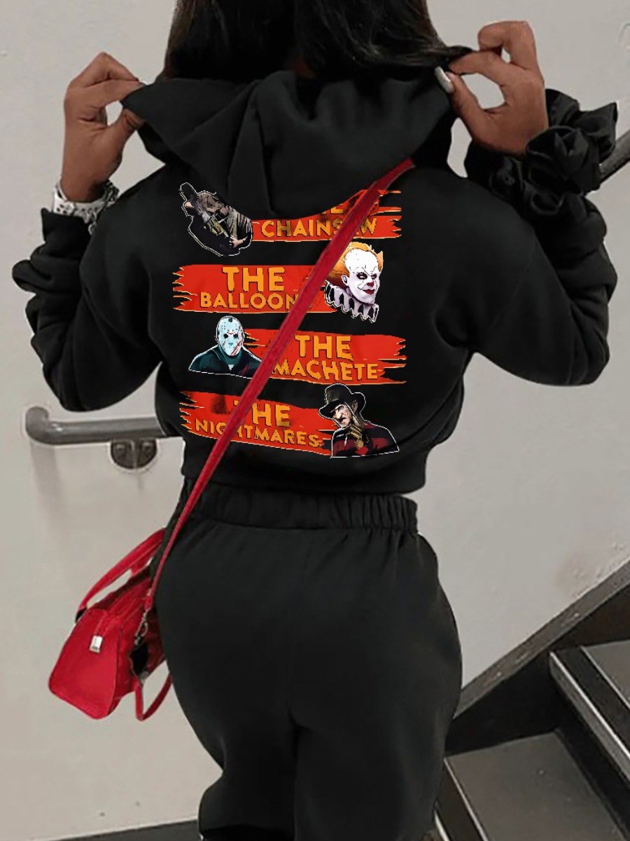 LW Pattern Kangaroo Pocket Print Letter Loose Hoodie